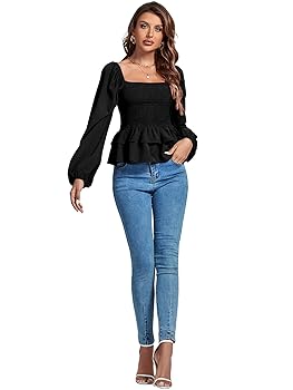 Umenlele Women's Square Neck Lantern Long Sleeve Shirred